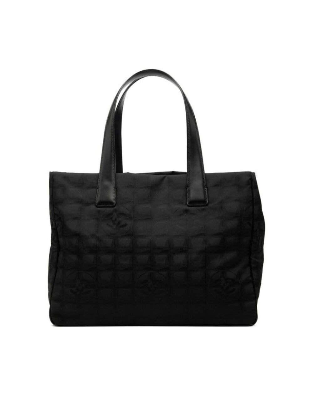 Chanel CC Logo New Travel Line Tote Bag MM Black Nylon Leather